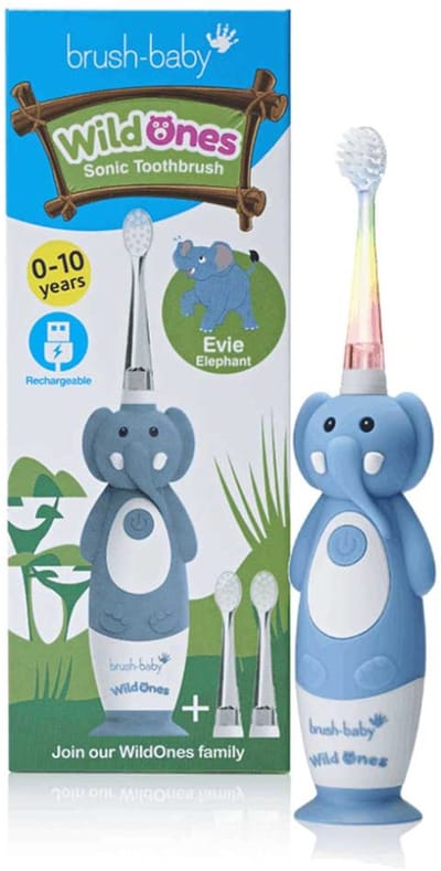 Brush-Baby® | Electrische Oplaadbare Kindertandenborstel | WildOnes | Evie de Olifant | 0 - 10 jaar | 3 opzetborstels | 2 poetsstanden | Timer & Pulse | Disco licht | Zuignapvoet |