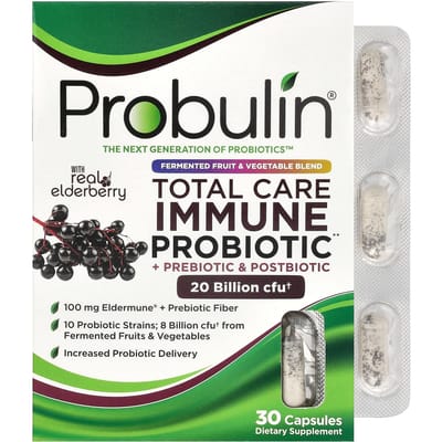 Probulin, Total Care Immune Probiotic + Prebiotic & Postbiotic, contient du sureau véritable, 20 milliards, 30 capsules (20 milliards d'UFC par capsule)