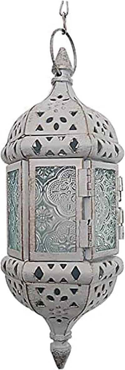 Metalen tuinlantaarns - Hangende kandelaars - Sfeervol decoreren - Marokkaans ontwerp - 9 x 23 cm - Wit geborsteld goud