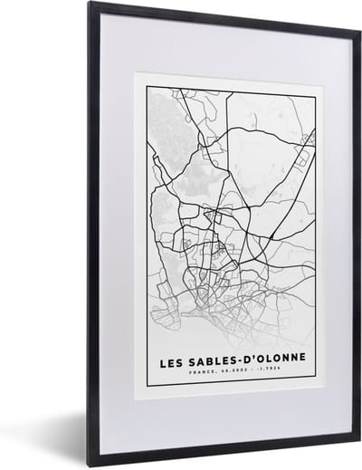 Fotolijst incl. Poster Zwart Wit- Stadskaart – Les Sables-d'Olonne - Plattegrond – Kaart – Frankrijk - Zwart wit - 40x60 cm - Posterlijst
