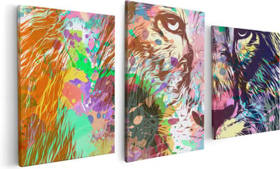 Artaza Canvas Schilderij Drieluik Gekleurde Leeuw - Abstract - 120x60 - Foto Op Canvas - Canvas Print