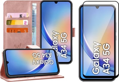 Hoesje geschikt voor Samsung Galaxy A34 - Screen Protector FullGuard - Book Case Kunstleer Pasjeshouder Roségoud & Screenprotector
