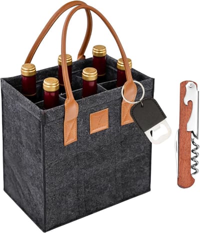 Flessentas voor 6 flessen van 1,5 liter, vilten flessendrager voor water, wijn en bier, handige flessenopslag met kurkentrekker (donkergrijs)