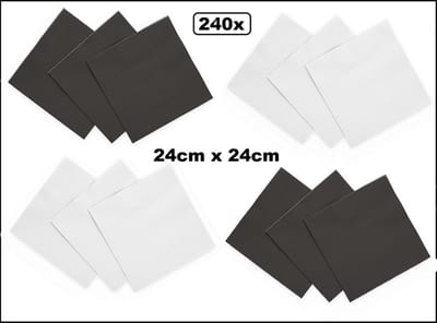 240x Servetten zwart en wit 24cm x 24cm - 3 laags - Cocktail servet diner eten knoeien restaurant BBQ thema feest verjaardag feest WK