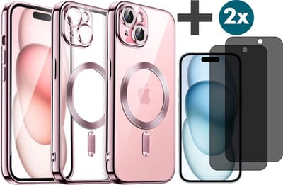 Hoesje met Privacy Screenprotectors 2 Stuks Geschikt voor iphone 15 Plus Hoesje - Geschikt voor MagSafe - Arara siliconen Backcover - Rosegoud