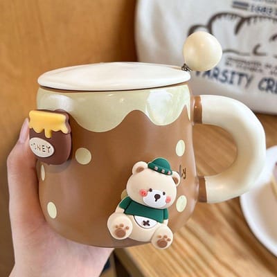 Honingbeer Mok Verdikt Keramiek met Deksel en Lepel Koffiekop 3D Magnetisch Afneembaar Adsorptie Hanger Drinkware 420ML