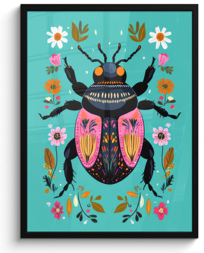 Poster in lijst - Fotolijst 50x70 cm - Posters - Kever - Bloemmotieven - Turquoise - Bladeren - Posterlijst zwart - Decoratie - Wanddecoratie woonkamer - Muurdecoratie slaapkamer