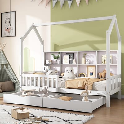 DESMIU Kinderhuisbed 90x200cm Met Matras – Huisbed Met Boekenrek En Twee Lades – Voor Kinderkamer – Massief Grenen – Wit