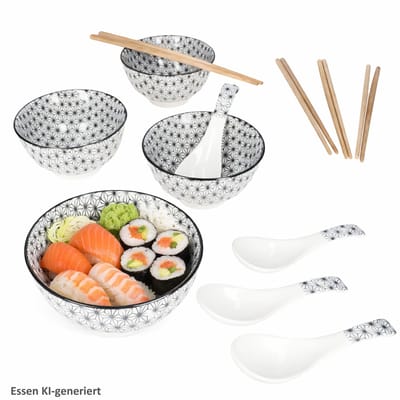 Sushi Set voor 4 personen met elk 4x kommen, lepels & stokjes - 60503