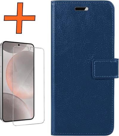 Hoes - Met Screenprotector - Geschikt voor Samsung Galaxy S24 - Luxe Pasjeshouder - Bookcase Portemonee - Flip Case - Kunstleer Book Case - Flipcase - Book Cover - Walletcase - PortemonneeHoes - Donkerblauw