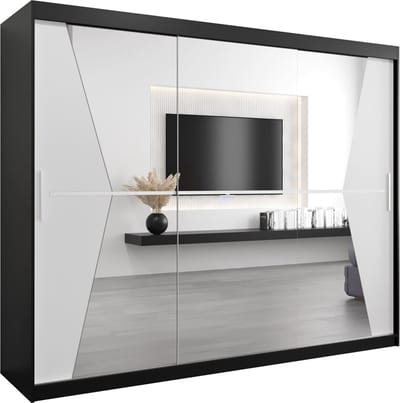 InspireMe - Kledingkast met 3 schuifdeuren, Modern-stijl, Een kledingkast met planken en een spiegel (BxHxD): 250x200x62 - TOTO 250 Zwart Mat + Wit Mat