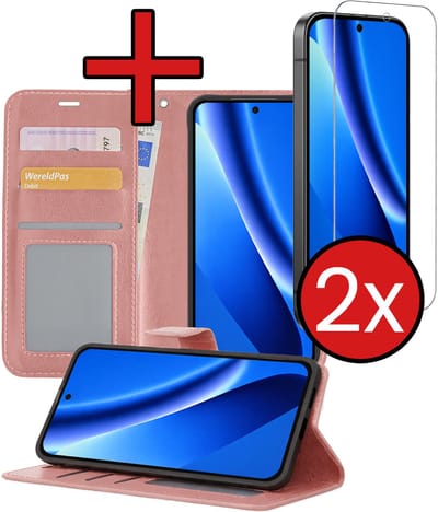 Hoesje - Met 2x Screenprotector - Geschikt voor Google Pixel 10a - Luxe Pasjeshouder - Flip Case - Bookcase Portemonee - Kunstleer Book Case - Flipcase Hoes - Book Cover - Walletcase - Portemonneehoes - Telefoonhoes - Rosé goud
