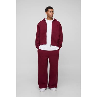 Oversized Boxy Men's Trainingspak met Capuchon, Ritssluiting en Wijde Pijpen | Burgundy | Size XS