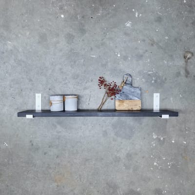 GoudmetHout® Wandplank Industrieel - 40 x 20 cm Muurplank - Zwart Eiken Hout - Decoratie Wandrek & Boekenrek - Hangplank Keuken - Wall Shelf + 2 Mat Witte Plankdragers van Staal