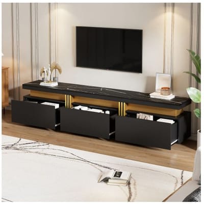 Meuble TV - MUVOE - Moderne - Aspect marbre - 200 x 40 x 42 cm - Support jusqu'à 90 pouces