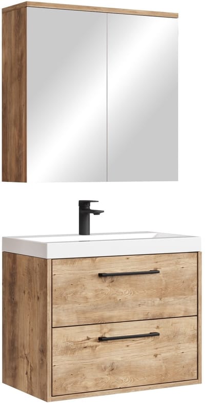 Badplaats Badkamermeubel Set Florence 01 60 cm – Kastanje Eiken – Hangend Wastafelmeubel met Spiegelkast