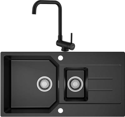 Anycee max Spoelbak Met Kraangat - Granieten Keuken 86x45CM - 1.5 Spoelbak Keuken Met Keukenkraan - Met Afdruiprek en Waterafvoersysteem - 80% Kwarts Zand Spoelbak Keuken - Zwart