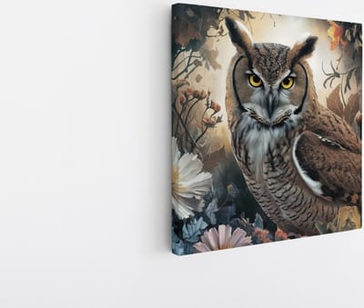 Saammp Canvas Schilderij - Uil tussen de bloemen - Natuur - Dieren - 20x20 - Foto op canvas - Wanddecoratie - Muurdecoratie Woonkamer - Slaapkamer decoratie - Canvas Print