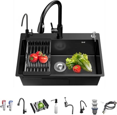 Dailygoods- Keukenspoelbak 60x45cm - Onderbouw/ bovenbouw - Roestvrij staal - Werkstation/ barspoelbak - Inclusief accessoires - Uittrekbare kraan - Gootsteen