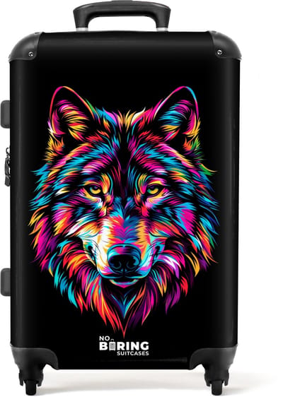 NoBoringSuitcases.com® - Kinderkoffer groot - Kindertrolley koffer - Wolf - Neon - Rolkoffer lichtgewicht - Reiskoffer met 4 wielen - Grote trolley XL - 20 kg bagage
