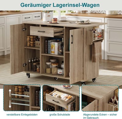 HAUSS SPOLE Keukenkast - Mobiel Keukeneiland Met Opklapbaar Werkblad En Lade - Voor Keuken En Eethoek - MDF - 120 x 43,5 x 92,9 Cm - Naturel