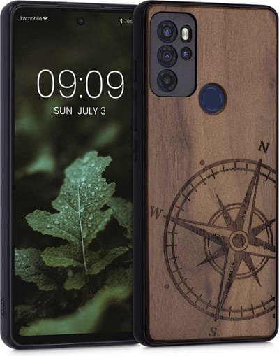 kwmobile telefoonhoesje geschikt voorMotorola Moto G60S - Hoesje met bumper - hout - In donkerbruin Vintage Kompas design
