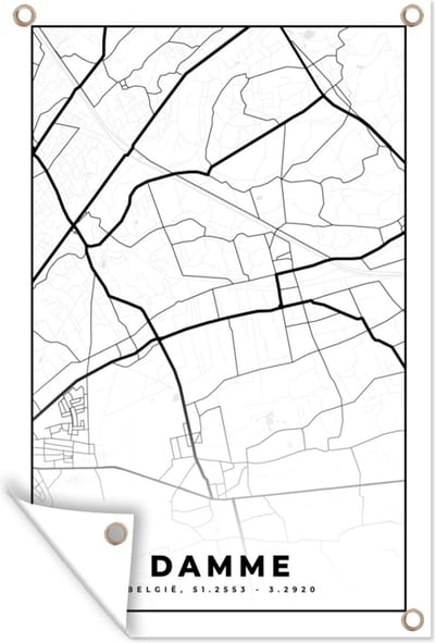 Muurdecoratie België – Damme – Stadskaart – Kaart – Zwart Wit – Plattegrond - 120x180 cm - Tuinposter - Tuindoek
