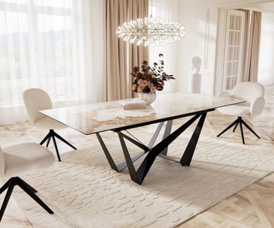 Eetkamertafel Edge keramiek Minas Melange wit-beige 180-220x100 spider vlak staal zwart uitschuifbaar