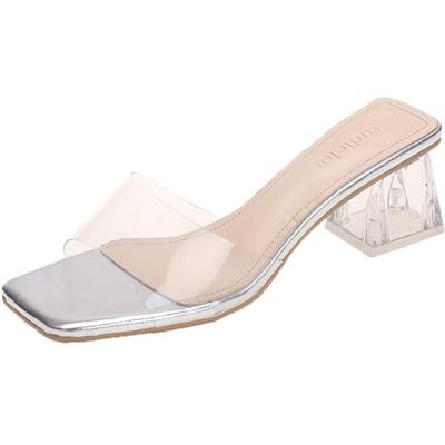 Sandalen Dames Pumps Slippers Dames Vierkante Neus PVC Slides Zomerschoenen Sandalen Hoge Hakken 38 zilver