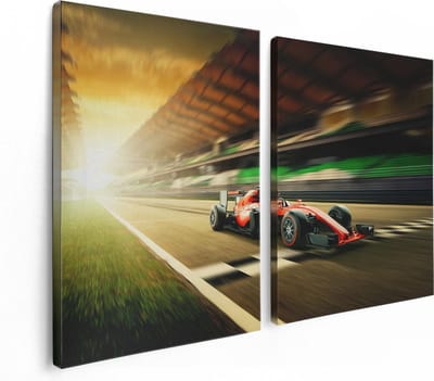 Artaza Canvas Schilderij Tweeluik Formule 1 Auto bij de Finish in het Rood - 120x80 - Foto Op Canvas - Canvas Print