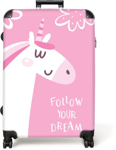 NoBoringSuitcases.com® - Koffer groot - Reiskoffer lichtgewicht - Eenhoorn - Quote - Follow your dream - Roze - Meisjes - Rolkoffer met 4 wielen - Grote trolley XL - 98 liter bagage