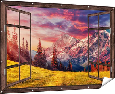 Gards Tuinposter Doorkijk Alpen Landschap met een Kleurrijke Hemel - 180x120 cm - Tuindoek - Tuindecoratie - Wanddecoratie buiten - Tuinschilderij