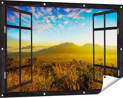 Gards Tuinposter Doorkijk Bergen met Mist in Thailand - 120x80 cm - Tuindoek - Tuindecoratie - Wanddecoratie buiten - Tuinschilderij