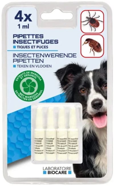 biocare - insectwerende pipetten tegen vlooien en teken bij honden - 4 pipetten op blister geformuleerd met margosa en geraniol