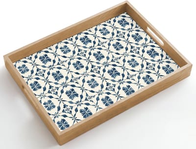 Dienblad hout 50x35 cm - Schootdienblad - Grafisch - Tegel - Blauw - Borrelplank rechthoek - Plateau dienbladen