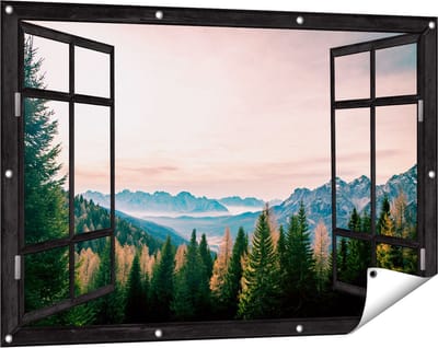 Gards Tuinposter Doorkijk Bos met Bomen bij Bergen Landschap - 120x80 cm - Tuindoek - Tuindecoratie - Wanddecoratie buiten - Tuinschilderij