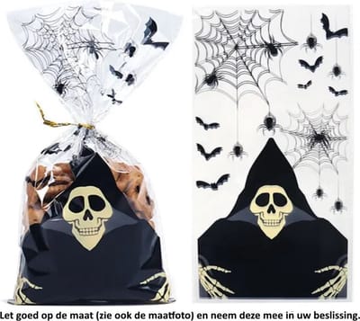 25x Uitdeelzakjes Skelet 12.5 x 27.5 cm - Halloween Party - Vleermuizen - Bats - Spinnen - Spiders - Spiderweb - Spinnenweb - 31 Oktober - Scary - Fright - Eng - Griezelen - Cellofaan Plastic Traktatie Kado Zakjes - Snoepzakjes - Koekzakjes - Koekje