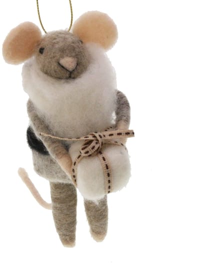 Muis met jas en cadeau 5x11x14cm
