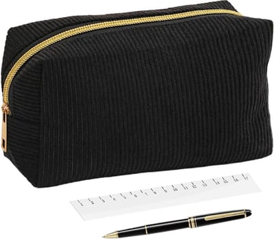 Meisjes Pennenzak - Esthetisch corduroy Briefpapier Organizer voor school, kantoren met opslagfunctie, pentas voor college, leraar, tiener, vrouwen en make-up spullen, 7.09x4.13, zwart, uniseks