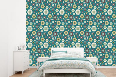 Behang - Fotobehang Retro - Bloemen - Patronen - Blauw - Breedte 360 cm x hoogte 260 cm