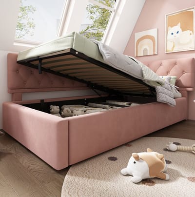 COVREO Slaapbank met hydraulische opbergruimte – 90x190 cm – Bedbank van stof en metaal – voor kinderkamer – Pink - zonder matras