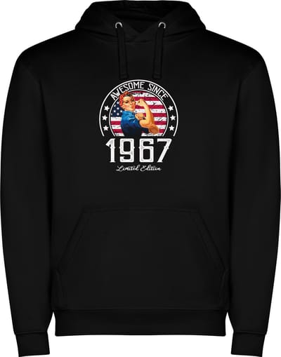 Zwarte unisex hoodie met “ Kleurrijke Awesome Since 1967 Limited Edition – Leeftijd – Verjaardag “ Print Full Color Color merk Roly maat S