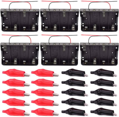 Batterijhouder Set - D-Batterij Houders - Experimenten Elektronica - Met Krokodillenklemmen - 4 Sleuven 6 Volt - Zwart