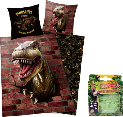 Dekbedovertrek - Dinosaurus - 1 persoons - 140x200 cm - 100% katoen - dubbelzijdig - met 24 glow in the dark Dino's