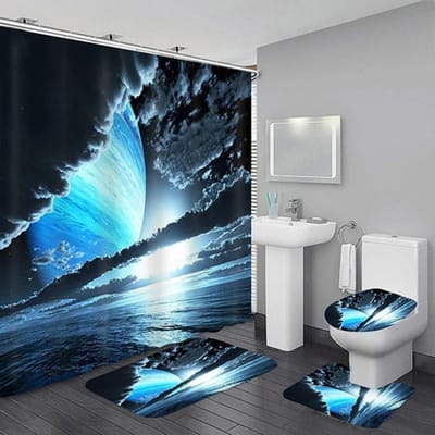 Waterdichte Douchegordijn Sets Met Vloerkleden Maanlicht Zeegezicht Badmat En Matten Haken Toiletzitting Deksel Badkamer Decoratie W60H190(CM)-1 Pcs