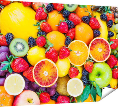 Gards Tuinposter Kleurrijke Fruit Achtergrond - 160x120 cm - Tuindoek - Tuindecoratie - Wanddecoratie buiten - Tuinschilderij