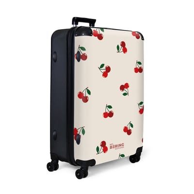 NoBoringSuitcases.com® - Koffer groot - Reiskoffer lichtgewicht - Beige achtergrond met patroon van grote kersen - Rolkoffer met 4 wielen - Grote trolley XL - 98 - 100 liter bagage