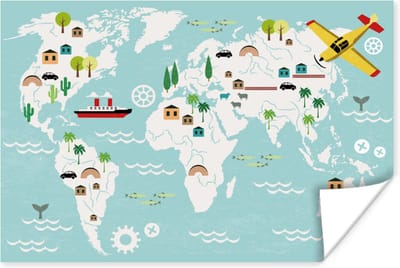 Poster kinderen - Muurdecoratie kinderkamer - Wereldkaart - Kinderen - Vliegtuig - Boot - Jongens - Meisjes - Kinderkamer decoratie - 30x20 cm - Poster kinderkamer