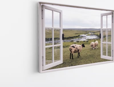 Saammp Canvas Schilderij - Schapen in de Wei - Natuur - Doorkijk - 45x30 - Foto op canvas - Wanddecoratie - Muurdecoratie Woonkamer - Slaapkamer decoratie - Canvas Print