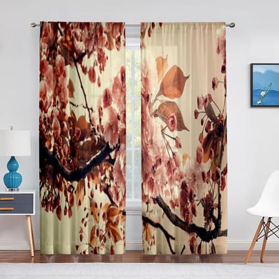 Bloeiende Boom Kersenbloesem Paars Geel Witte Bloemen Transparant Voile Gordijn voor Woonkamer Slaapkamer Decor Tule Gordijnen Draperieën 1 PCS W100XH250cm&Grommet Top